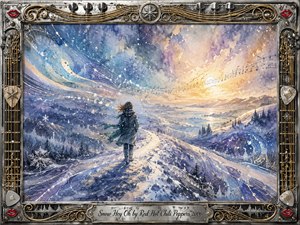 A solitary figure walks along a winding snowy ridge beneath a luminous twilight sky, surrounded by swirling snow, musical currents, and distant mountains. Cool blues, violets, and silvery whites contrast with warm golden light. Watercolor textures create a dreamy, reflective mood, while an ornate guitar-inspired metallic frame completes the scene.