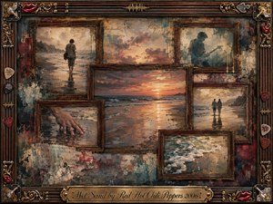A nostalgic seaside collage captures fading memories against wet sand glowing beneath a dusky sunset. Vintage rosewood frames hold solitary figures, a distant couple, a guitarist, reaching hands, and foaming surf. Muted teal, amber, crimson, and weathered browns blend through textured oil, acrylic, and watercolor, surrounded by ornate musical details.