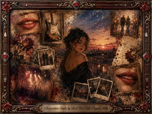 A wistful woman stands against a glowing sunset cityscape, surrounded by faded framed memories of red lips, roses, guitars, Polaroids, handwritten notes, and concert lights. Warm amber, wine red, sepia, and smoky blue tones create a tender, melancholic mood, rendered in richly textured mixed-media painting within an ornate musical frame.