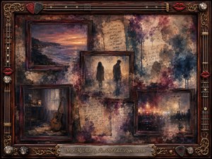 A richly textured mixed-media collage portrays fading memories through framed scenes of a dusky coastline, a lonely guitar, separating figures, and blurred stage lights. Deep burgundy, smoky blue, sepia, and amber tones create a tender, melancholic mood, while ornate rosewood, gold, chrome, strings, picks, and red-lips accents form the musical frame.