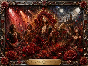 A lavish baroque rock court surrounds a regal figure enthroned beneath cascading crimson roses, flanked by glamorous musicians and shadowy companions. Fiery red stage lights contrast with cool moonlit architecture, while swirling petals and guitar strings add motion. Rich oil-painted textures, blackened chrome, gold filigree, and roses create a decadent, theatrical mood.