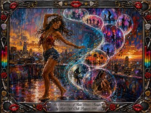 A joyful woman dances barefoot on a rain-soaked rooftop above a glowing city at sunset, surrounded by swirling musical notes and translucent memory bubbles filled with performers, palm trees, and guitar imagery. Saturated blues, reds, golds, and purples shimmer through wet reflections, framed by ornate chrome, roses, lips, strings, and rock-inspired details.