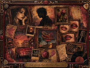A richly textured vintage collage evokes troubled romance beneath a glowing Los Angeles sunset. Faded portraits, red lips, wilted roses, neon streets, a classic convertible, microphone, records, and handwritten memories overlap in warm crimson, amber, and charcoal tones. Ornate musical framing and aged painterly surfaces create a seductive, melancholic atmosphere.
