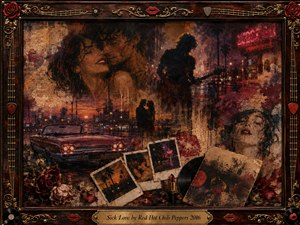 A moody vintage collage blends passionate romance with nocturnal Los Angeles imagery: intimate faces, a lone guitarist, a classic convertible, neon streets, roses, records, and scattered photographs. Warm rust, crimson, black, and amber tones glow beneath smoky lighting, while textured painterly layers and an ornate musical frame create decadent, bittersweet nostalgia.
