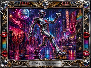 A gleaming chrome robot strides through a neon-soaked city dance scene, surrounded by energetic crowds, towering speakers, guitars, and shimmering disco balls. Electric pinks, blues, reds, and golds reflect across wet pavement, creating a playful futuristic funk atmosphere. An ornate metallic musical frame and engraved title plate complete the vivid acrylic-style composition.