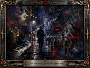 A solitary figure walks through a rain-soaked nocturnal city where piano keys, bass strings, sound waves, and vivid red lips emerge from layered shadows. Deep blues, black, crimson, and tarnished gold create a brooding mood. Expressive oil-like textures, reflective streetlight, and an ornate musical frame intensify the mysterious atmosphere.
