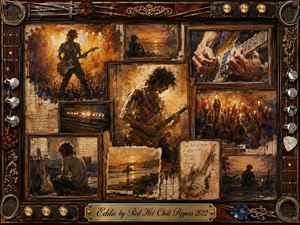 A nostalgic rock tribute collage frames a lone guitarist through faded concert memories, sunset scenes, handwritten notes, amplifiers, and close-up guitar details. Warm amber, rust, cream, and deep brown tones glow under soft stage light. Layered oil-paint textures, aged photographs, rosewood framing, strings, picks, and gold hardware create a tender, reflective atmosphere.