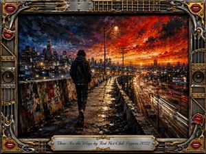 A lone figure walks along a rain-slicked urban overpass toward a sprawling city beneath a turbulent red-orange sunset. Dark blues and fiery crimson create a tense, restless mood, while glowing traffic streaks add momentum. Thick impasto painting textures, graffiti, streetlights, and an ornate music-themed metallic frame complete the dramatic composition.