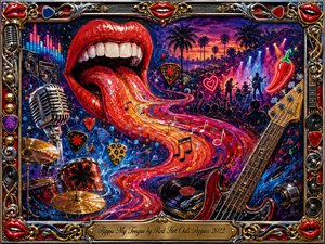 A vibrant psychedelic acrylic scene centers on glossy red lips and an extended tongue flowing like a musical river through a neon concert landscape. Guitars, drums, microphone, vinyl, palm trees, and glowing stage lights create playful funk-rock energy. Rich reds, blues, purples, chrome, and gold fill the ornate music-themed frame.