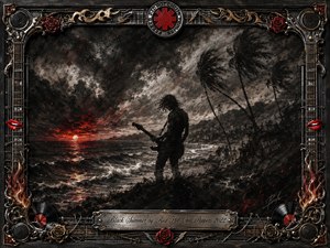 A lone guitarist stands on a storm-lashed coastline beneath turbulent charcoal clouds, wind-bent palms, and a blood-red sunset. Deep blacks, smoky grays, and ember-like crimson highlights create a haunted, restless mood. Textured charcoal styling dominates, while the ornate metallic frame features roses, strings, records, flames, and rock-inspired details.