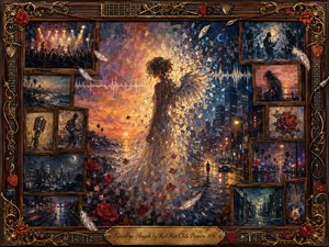 A luminous angelic woman dissolves into feathers, rose petals, and glowing fragments between a fiery coastal sunset and a rain-slicked city night. Vintage rosewood memory frames surround her with concerts, roads, musicians, roses, and lonely streets. Rich gold, crimson, amber, and blue tones create a wistful, painterly farewell.