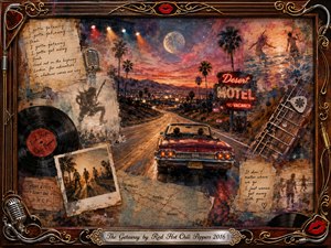 A richly textured mixed-media collage follows a vintage convertible down a glowing desert highway beneath a moonlit sunset. Neon motel lights, palm trees, vinyl records, guitar details, Polaroids, maps, and handwritten notes create a nostalgic escape. Warm reds, oranges, golds, and deep blues enhance the dreamy, cinematic mood.