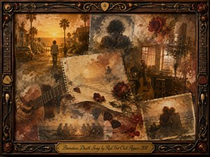 A warm, nostalgic collage gathers fading memories around a solitary figure walking toward a golden sunset, alongside an acoustic guitar, studio microphone, handwritten pages, roses, and shadowed companions. Sepia, amber, crimson, and smoky brown tones blend through oil, acrylic, and watercolor textures, framed by ornate rosewood, strings, picks, and gold detailing.