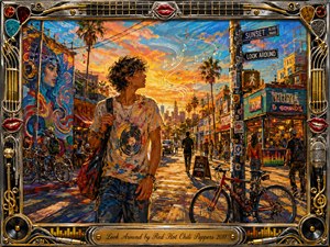 A vibrant acrylic-style cityscape glows beneath a fiery sunset as a curious young man pauses amid palm trees, murals, bicycles, shops, and passing pedestrians. Warm oranges, turquoise, blue, and gold create energetic movement, while swirling musical notes suggest sound everywhere. An ornate chrome-and-gold music-themed frame completes the lively, exploratory atmosphere.