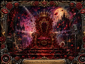 A lavish rose-covered throne dominates a dark, theatrical rock stage beneath a glowing moon and gothic skyline. Crimson petals swirl through deep reds, blacks, purples, and golds, illuminated by dramatic spotlights. Richly textured painterly details, guitars, drums, amplifiers, microphones, roses, and ornate metalwork create a powerful, mysterious atmosphere of passion, rebellion, and royal grandeur.