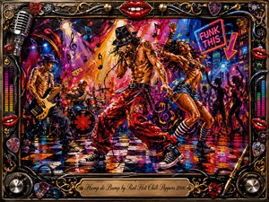 A vibrant acrylic concert scene captures a shirtless singer, bassist, drummer, and dancing woman moving through a wildly colorful funk groove. Neon reds, blues, pinks, golds, and oranges explode beneath bright stage lights. Musical notes, checkerboard flooring, silhouettes, and expressive brushwork create energetic motion, framed by ornate chrome, gold, lips, picks, cables, and knobs.