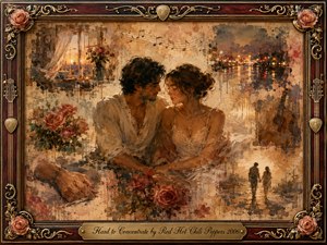 A tender couple sits close together within a nostalgic mixed-media collage, surrounded by roses, clasped hands, drifting music notes, city lights, and an acoustic guitar. Warm amber, cream, rose, and muted blue tones glow beneath soft sunset lighting. An ornate rosewood-and-gold musical frame enhances the intimate, dreamlike atmosphere.