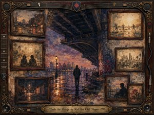 A solitary figure walks beneath a massive urban bridge at dusk, surrounded by rain-slick streets, graffiti, and glowing city lights. Faded rosewood-framed memories of Los Angeles life encircle the scene. Deep blues, amber reflections, and weathered textures create a lonely, nostalgic mood in richly layered painterly style.