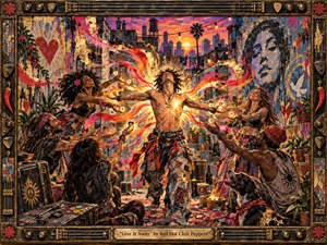A jubilant tattooed figure stands with arms outstretched in a graffiti-covered urban courtyard, surrounded by diverse friends reaching toward his glowing heart. Fiery ribbons of red, gold, and pink energy swirl through sunset light, creating a generous, ecstatic mood. Mixed-media textures, flowers, murals, instruments, and a rugged metal frame intensify the handcrafted vibrancy.
