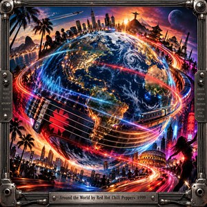 A glowing Earth dominates a kinetic global cityscape, wrapped in neon light trails, bass strings, transit lines, and rhythmic waveforms. Saturated reds, blues, violets, and amber lights create an ecstatic late-1990s digital atmosphere. Silhouetted crowds, landmarks, traffic, and metallic hardware reinforce constant motion within a rugged amplifier-inspired frame.