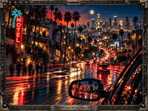 A rain-slicked Los Angeles boulevard curves toward a glowing skyline beneath palms and a full moon, alive with red and white traffic trails. Neon motel light, reflective pavement, warm windows, and a passing car create restless cinematic energy. The polished digital artwork uses vivid blues, reds, golds, and metallic framing.