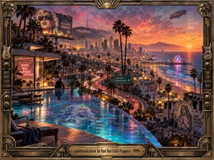 A surreal Los Angeles coastline glows beneath a fiery sunset, blending luxury, decay, fame, and isolation into one cinematic panorama. Neon reflections shimmer across an infinity pool as highways curve through palms toward the city and ocean. Ornate bronze framing, guitar motifs, billboards, ruins, and saturated orange, cyan, and violet deepen the dreamlike tension.