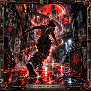 A shirtless figure surges through a rain-slicked neon alley toward a towering futuristic city beneath a glowing red sky. Scarlet light trails spiral through the scene, amplifiers and cables frame the path, and gritty concrete textures heighten the rebellious mood. Dramatic contrast, wet reflections, and digital surrealism create relentless forward energy.