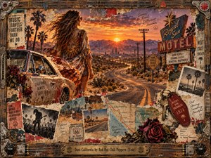 A windblown woman stands beside a weathered car overlooking a winding California desert highway at sunset. Torn posters, maps, motel signs, roses, keys, and rock memorabilia form a gritty mixed-media collage. Burnt orange, dusty red, faded turquoise, and violet light create a nostalgic, restless, cinematic mood.
