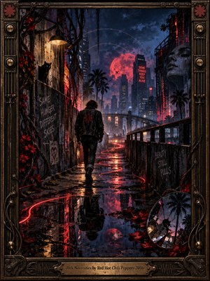 A solitary figure walks through a rain-slicked neon alley toward a shadowy city beneath a glowing red moon. Deep blues, crimson reflections, tangled cables, graffiti, palm silhouettes, flowers, and fractured mirrors create a tense, dreamlike atmosphere. An ornate metal frame with amplifier details reinforces the dark, cinematic digital style.