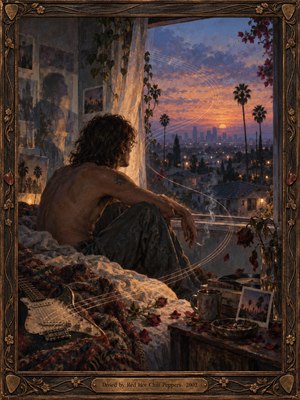 A solitary man sits beside an open window at dusk, gazing over a hazy Los Angeles skyline framed by palms. Warm amber and violet light blend with deep blues, wilted roses, a resting guitar, drifting smoke, and glowing musical curves. Painterly textures and ornate bronze woodwork create a tender, dreamlike melancholy.