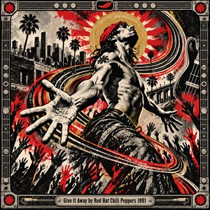 A shirtless performer reaches outward in a dramatic low-angle pose, surrounded by swirling red, black, cream, and gold bands, raised concert hands, palm trees, and a gritty city skyline. Distressed screen-print textures, halftone shading, bold contrast, and an industrial music-themed frame create an ecstatic, rebellious, high-energy early-1990s rock atmosphere.