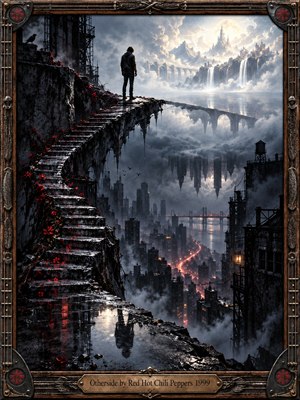A solitary figure stands on a wet stone stairway above a shadowy city, facing a luminous dreamlike realm of clouds, bridges, waterfalls, and distant spires. Cool grays, black blues, and sharp crimson accents create melancholic tension, while cinematic digital painting, soft mist, reflections, and ornate guitar-themed framing deepen the surreal sense of duality.