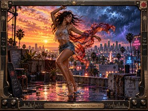 A barefoot woman dances across a rain-soaked rooftop as sunset warmth collides with an approaching electric storm over a glowing city skyline. Orange, violet, blue, and neon reflections shimmer through puddles while wind-whipped fabric adds motion. The cinematic digital artwork is framed with guitar-inspired metalwork and a centered engraved title plate.