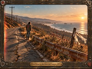 A solitary figure walks a cracked coastal road at golden hour, surrounded by rusted guardrails, dry grasses, utility poles, and frayed cloth. Warm orange light washes over distant cliffs and ocean haze, creating a reflective, bittersweet mood. The cinematic analog style uses grain, weathered textures, and an ornate metal frame.