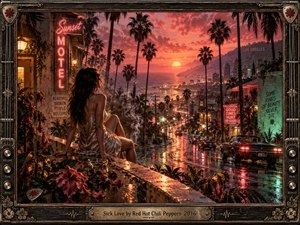 A solitary woman overlooks a rain-slicked Los Angeles boulevard at sunset, surrounded by neon motel signs, palm trees, wilted flowers, and drifting smoke. Warm coral, amber, violet, and teal tones create a seductive yet uneasy mood. Cinematic digital painting, reflective streets, glowing traffic, and an ornate music-inspired frame deepen the atmosphere.