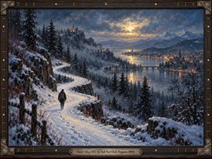 A lone traveler follows a winding snow-covered mountain path toward a glowing valley town at dusk. Cool blue forests, cliffs, and distant peaks surround a reflective river beneath dramatic golden clouds. Painterly oil textures, drifting snow, warm lights, and an ornate guitar-inspired frame create a reflective, hopeful, cinematic mood.