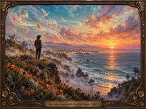 A solitary figure stands on a flowered California bluff above a glowing ocean at sunset, watching wind and mist sweep along the coast. Turquoise, coral, lavender, and gold fill the sky and water. Painterly brushwork, floating petals, birds, translucent orbs, and an ornate musical frame create a dreamy, nostalgic mood.