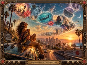 A barefoot woman rests on a reflective car above a glowing Los Angeles highway at sunset, surrounded by palms, ocean light, and drifting memory bubbles. Warm gold, coral, teal, and violet tones shape a dreamy digital collage of freedom, nostalgia, music, and introspection, enclosed by an ornate guitar-inspired frame.