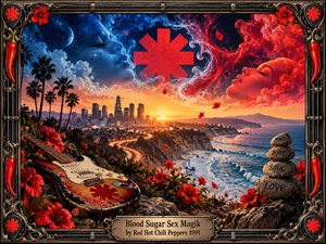 A psychedelic coastal cityscape glows beneath a cosmic red-and-blue sky, where two dreamlike faces emerge from swirling clouds around a bold central symbol. A weathered electric guitar, red flowers, ocean cliffs, and stacked stones labeled mind, body, soul, and love create a sensual, energetic, surreal atmosphere within an ornate metallic frame.