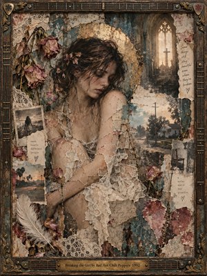 A sorrowful young woman sits curled within a distressed mixed-media collage of torn paper, lace, wilted roses, faded photographs, and cracked plaster. Muted teal, dusty rose, cream, rust, and tarnished gold create a melancholic palette, while soft chapel light, stitched fragments, and an ornate guitar-inspired frame deepen the intimate, haunted atmosphere.