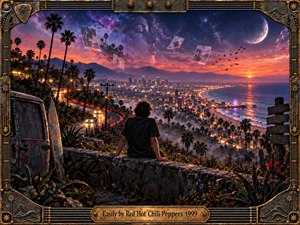 A solitary figure overlooks a glowing coastal city at twilight, surrounded by palm trees, winding light trails, ocean reflections, and distant mountains. Dreamlike faces and floating photographs drift through a violet-orange sky beneath a crescent moon. Rich cinematic lighting, surreal digital painting, and an ornate bronze guitar-inspired frame create a wistful, restless mood.