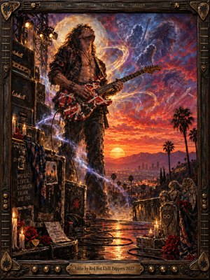 A long-haired guitarist stands above a glowing Los Angeles sunset, surrounded by amplifiers, cables, candles, roses, and drifting spectral memories. Fiery oranges and crimson clouds contrast with violet and electric blue haze. Rich oil-paint textures, dramatic backlighting, and an ornate guitar-themed frame create a reverent, cinematic memorial atmosphere.