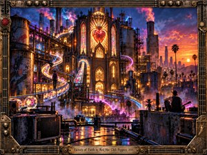 A neon-lit industrial cathedral rises above a sprawling city at sunset, blending sacred architecture with pipes, smokestacks, and glowing energy tubes. Two silhouetted figures overlook the scene as orange, magenta, blue, and gold light reflects across wet rooftops. The cinematic digital painting feels energetic, mystical, urban, and futuristic.