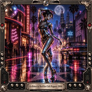 A chrome android dancer moves through a neon-soaked Los Angeles night, framed by palm trees, skyscrapers, nightclub lights, and rain-slick reflections. Magenta, violet, blue, silver, and amber glow across the cinematic digital scene, while musical hardware, chrome ornamentation, and retro-futurist details reinforce its funky, seductive, mechanical atmosphere.