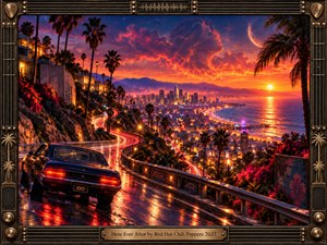 A classic car follows a rain-slick hillside road above a glowing coastal city at sunset, framed by palms, ocean light, and a distant skyline. Fiery orange, magenta, violet, and electric blue create a restless cinematic mood, while a surreal face formed in clouds adds dreamlike symbolism and timeless motion.