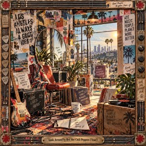 A sunlit Los Angeles studio bursts with layered posters, instruments, vinyl, plants, handwritten notes, and urban textures surrounding a bright city view. Warm reds, turquoise, cream, and gold create playful energy, while late-afternoon light, distressed collage surfaces, amplifier-inspired framing, and scattered musical details evoke restless creativity, optimism, and motion.