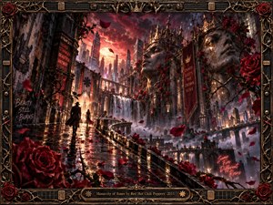 A surreal rose-covered metropolis rises beneath a fiery sunset, where monumental crowned faces loom over wet stone streets, bridges, and cascading water. Two solitary figures walk toward the glowing city as crimson petals scatter through smoky air. Dramatic digital realism, deep reds, bronze highlights, and an ornate guitar-inspired frame create a regal, turbulent mood.