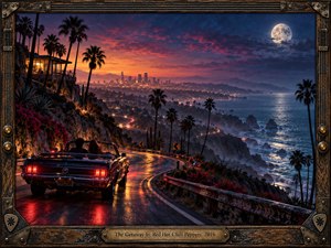 A vintage convertible winds along a moonlit coastal highway above a glowing city, framed by palms, cliffs, and silver ocean surf. Crimson taillights reflect across wet pavement beneath violet, orange, and deep blue skies. Cinematic digital realism, hazy distance, dramatic lighting, and weathered musical framing create a restless, romantic escape.