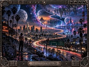 A lone figure overlooks a neon-lit Los Angeles skyline as glowing freeways curve toward a vast cosmic rift filled with mirrored cities, moons, and violet-blue nebulae. The surreal digital artwork feels restless, mysterious, and expansive, combining cinematic lighting, saturated color, atmospheric haze, and a weathered guitar-inspired metal frame.