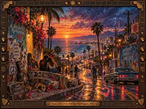 A richly textured sunset painting overlooks a lively California coastal neighborhood, where winding wet streets, palm trees, glowing lamps, murals, flowers, pedestrians, and a vintage car lead toward the ocean. Warm orange, crimson, and gold contrast with deep blue storm clouds, creating a hopeful, nostalgic mood framed by ornate musical details.